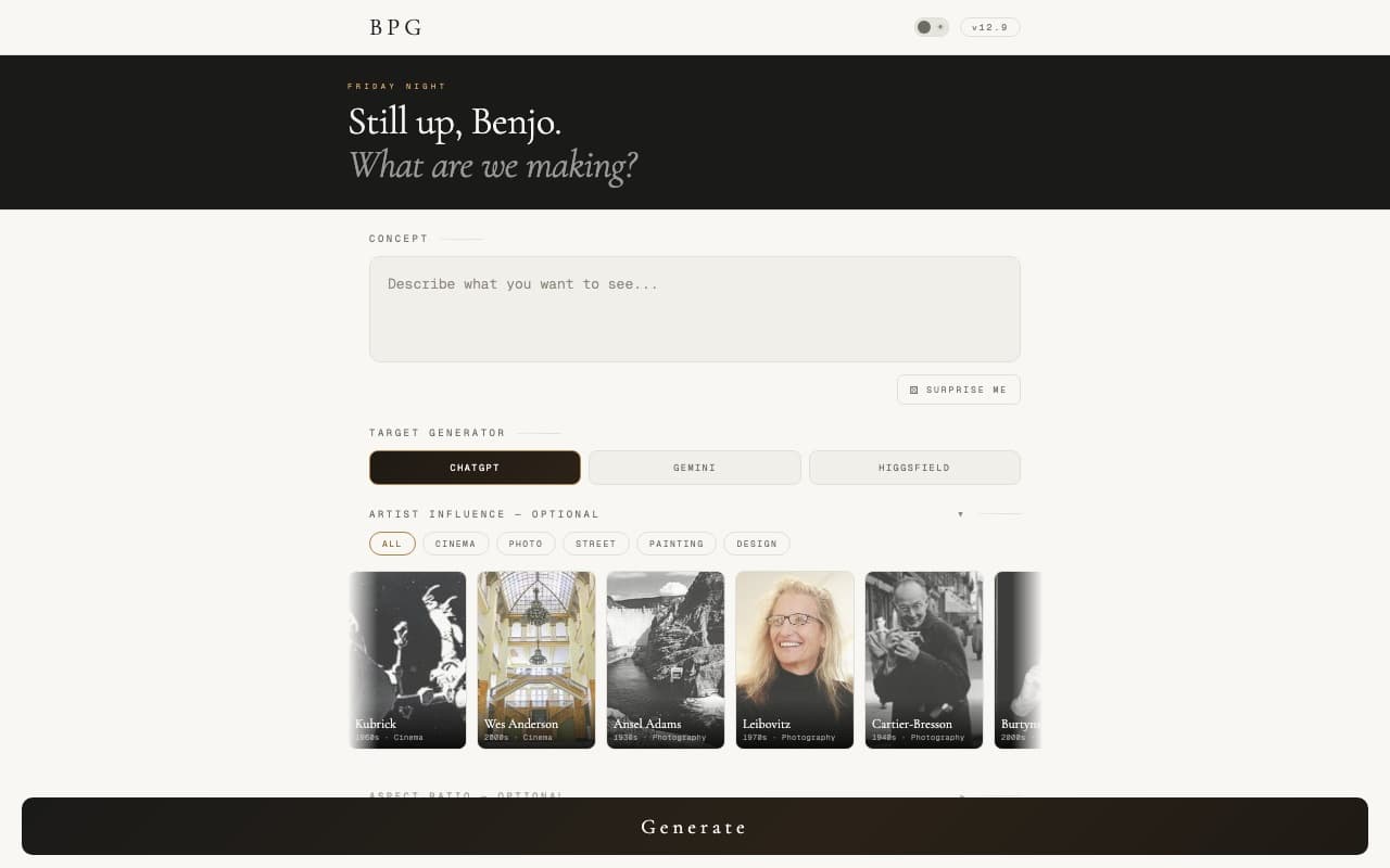 Benjo Promptgen website screenshot